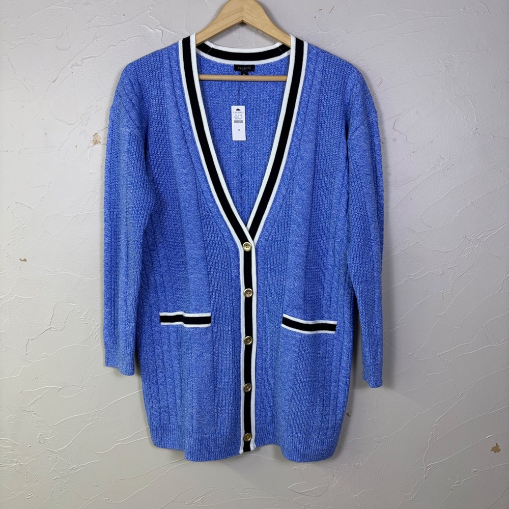 NEW Talbots Cardigan Sweater Womens M Blue Cable Knit Gold Buttons Preppy